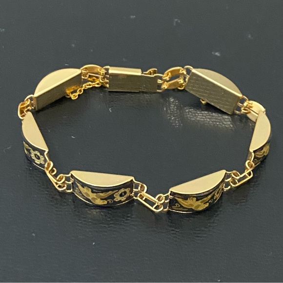 Vintage Damascene Gold-tone Enameled Birds & Flowers Link 8” Bracelet 16.3g - Picture 8 of 15